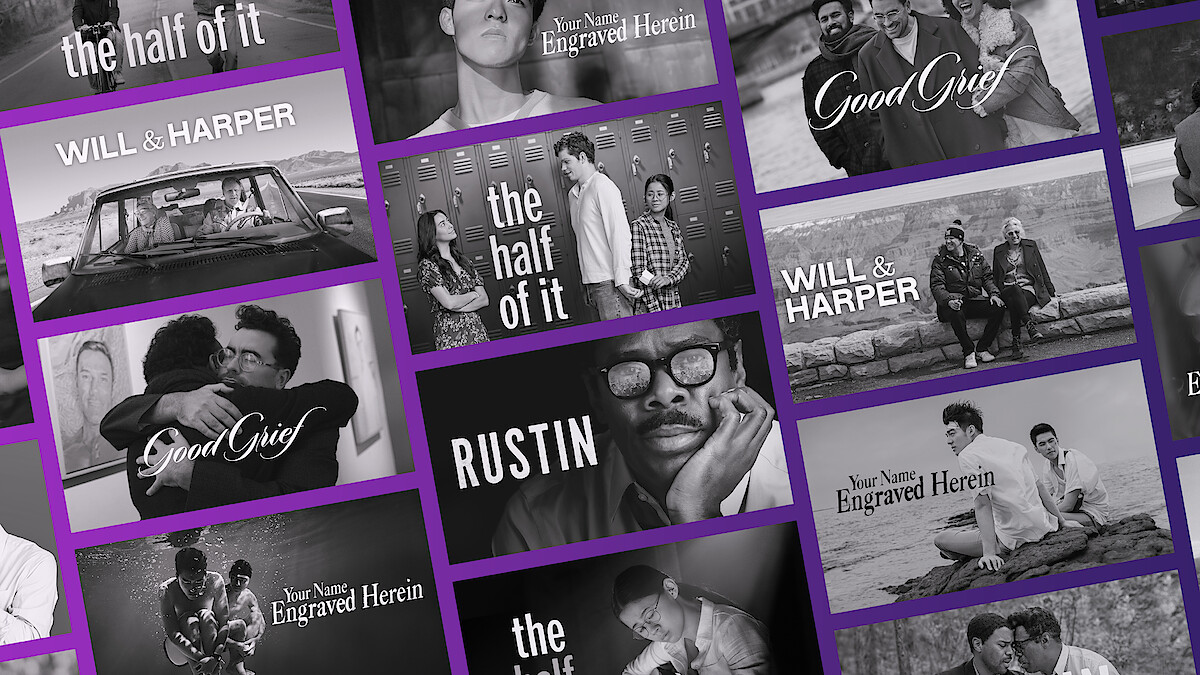 Collage of black and white promotional images for various LGBTQ+ films and shows, featuring diverse people in emotional scenes, each with a title overlay, arranged against a purple grid background.