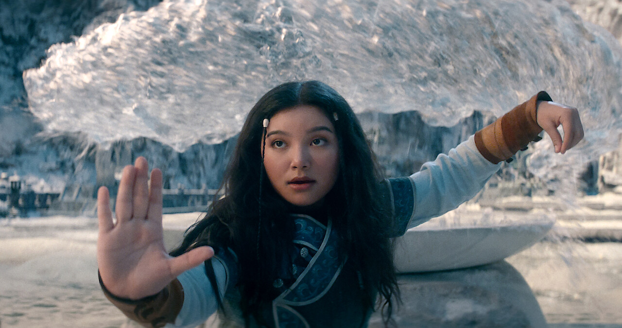 Kiawentiio as Katara performs water bending in season 1 of 'Avatar: The Last Airbender'