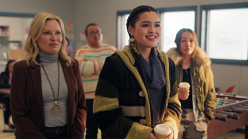 Mary Lynn Rajskub as Helen, Bailey Poching as Colin, Anna Lambe as Siaja, Maika Harper as Neevee in episode 108 of 'North of North'