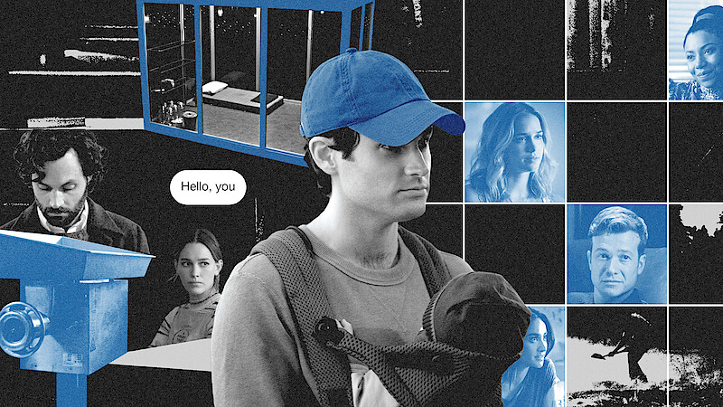 Collage of Penn Badgley as Joe Goldberg featuring various characters, props, and sets from You