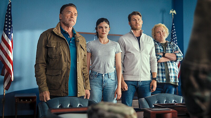Arnold Schwarzenegger as Luke Brunner, Monica Barbaro as Emma Brunner, ravis Van Winkle as Aldon Reece, and Fortune Feimster as Roo Russell in 'FUBAR' Season 2.