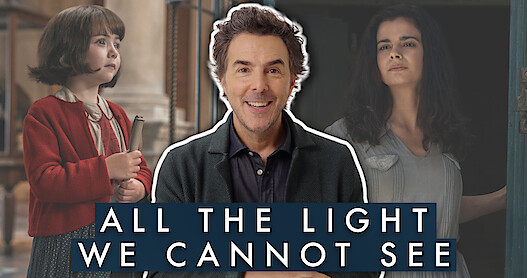 Headshot of director Shawn Levy is placed infront of two images of the Marie-Laure Leblanc characters from the series 'All the Light We Cannot See"