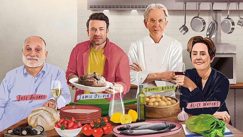 Chef's Table legends stars sit in a kitchen with their culinary masterpieces in front of them.