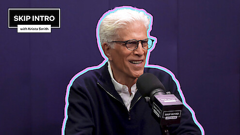 Ted Danson, smiling in front of a microphone labeled "SKIP INTRO." The background is deep purple with a purple outline around him.