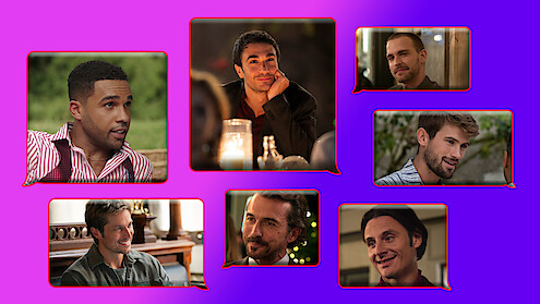 Collage of seven men with speech bubble borders