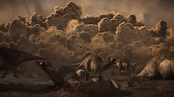 Dinosaurs in a barren landscape react to a massive, dark dust cloud in the background, evoking a prehistoric extinction event environment.