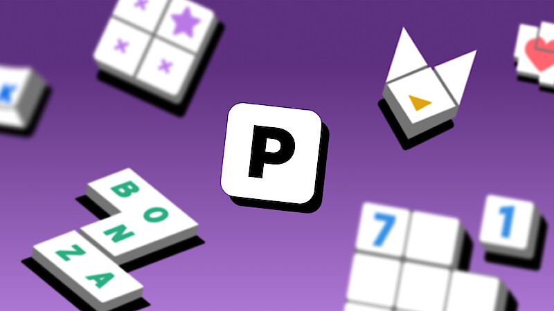 A smartphone displaying a word search puzzle app is centered, surrounded by colorful word and puzzle game pieces.