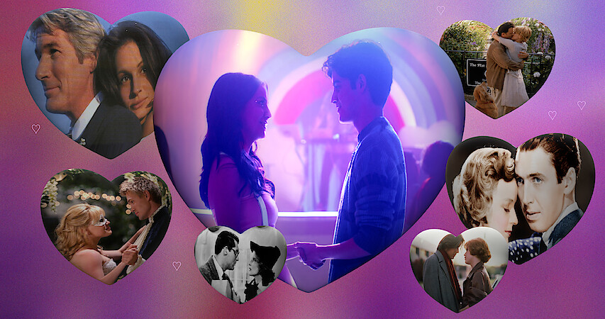 A collage featuring images of classic romantic movie couples alongside a picture of the couple from Anonymously Yours