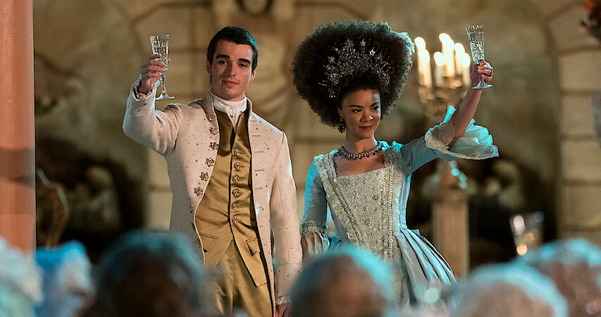 Corey Mylchreest as Young King George and India Amarteifio as Young Queen Charlotte