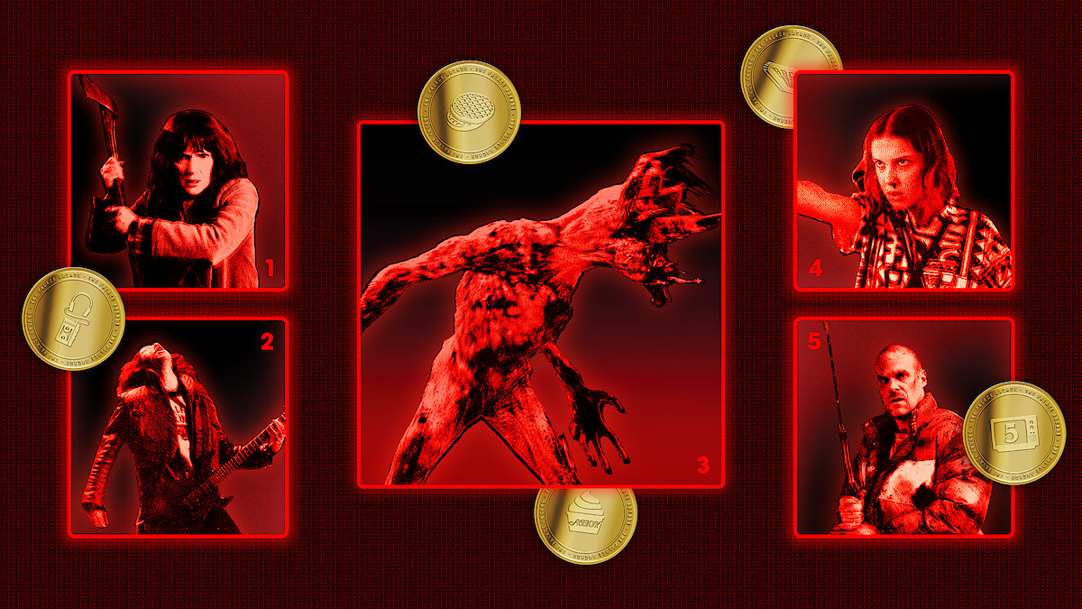 Photo Collage of Strangers Things characters and arcade tokens