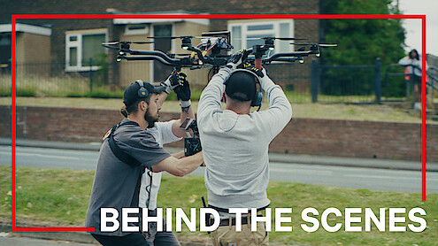 Matthew Lewis and cameramen operating a drone on the set of 'Adolescence'