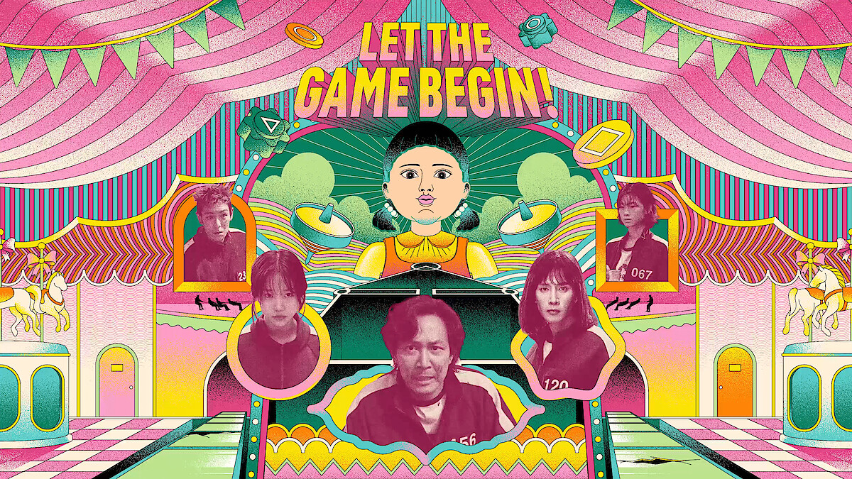 Colorful illustration with LET THE GAME BEGIN! text displaying characters and games from Squid Game in a carnival-like setting