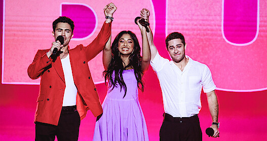 Darren Barnet, Maitreyi Ramakrishnan and Jaren Lewison at Tudum the Event in Brazil.