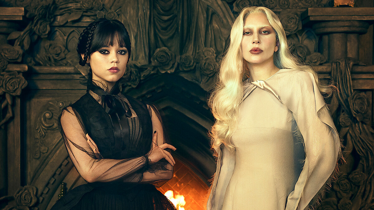 Jenna Ortega as Wednesday Addams and Lady Gaga as Rosaline Rotwood on the set of 'Wednesday' Season 2.