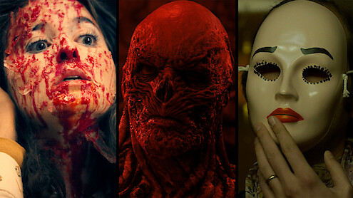 From left to right, stills of a bloodied girl from Fear Street, Vecna from Stranger Things, and the BTK Killer from Mindhunter.