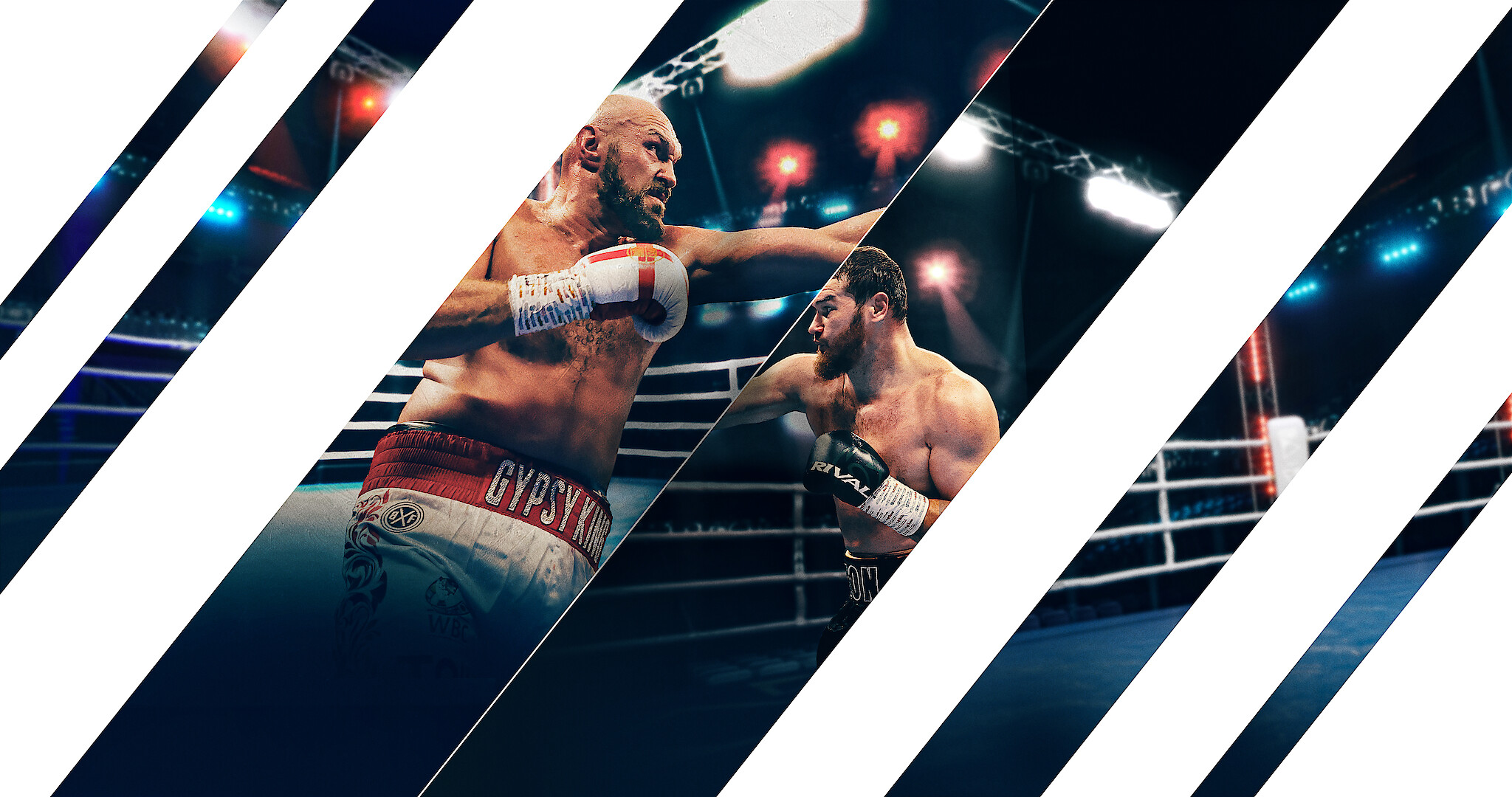 Two male boxers fighting in a brightly lit boxing ring, wearing gloves and shorts, with an audience and overhead lights visible in the background, action and intensity shown during the match.