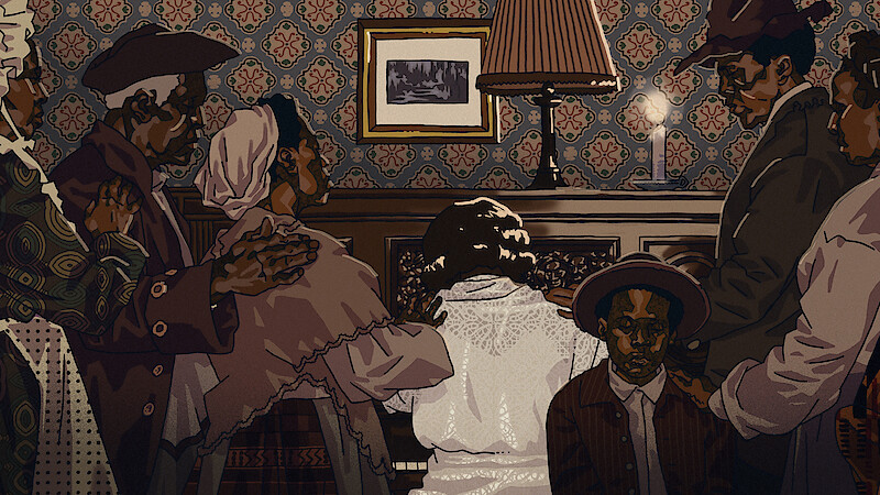 An illustration of the Charles family sitting and standing around a piano.