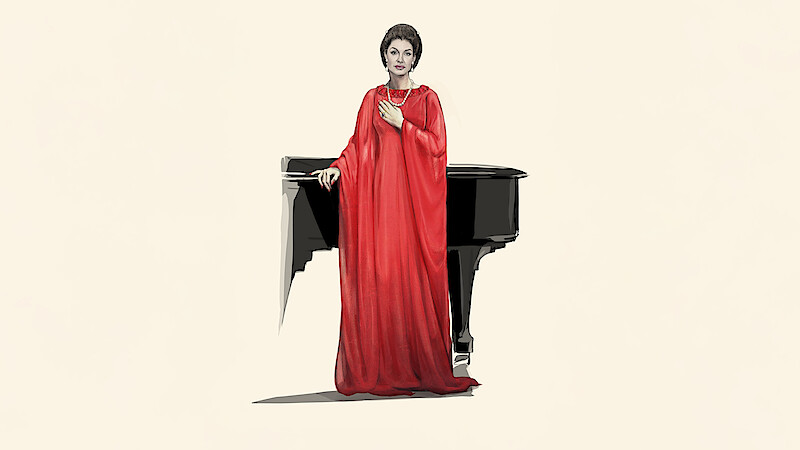 A sketch of Angelina Jolie as Maria Callas. She wears a red dress and stands by a black piano looking downright regal.
