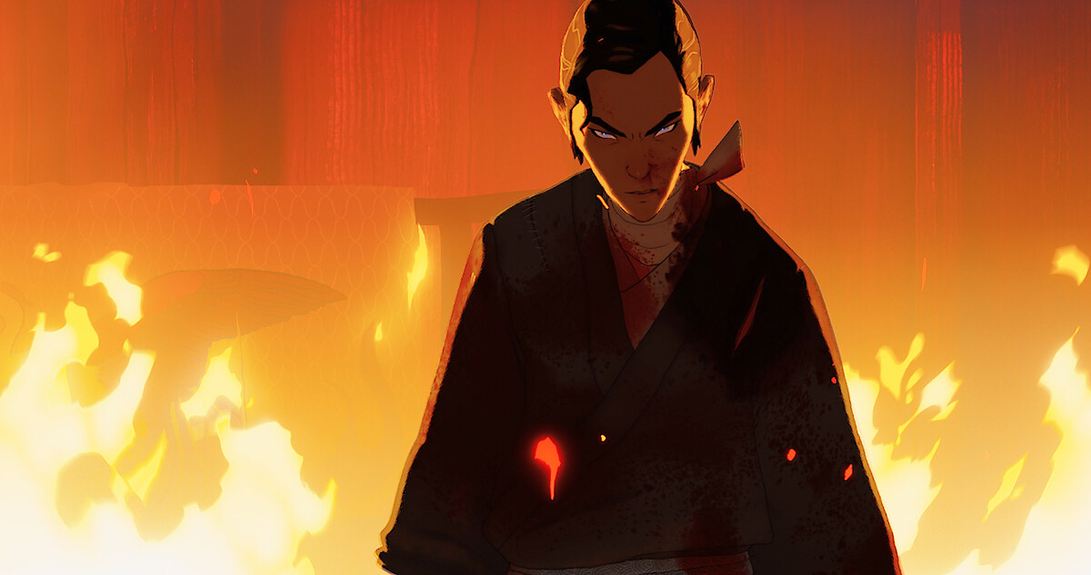 Mizu with flames in background in Blue Eye Samurai.