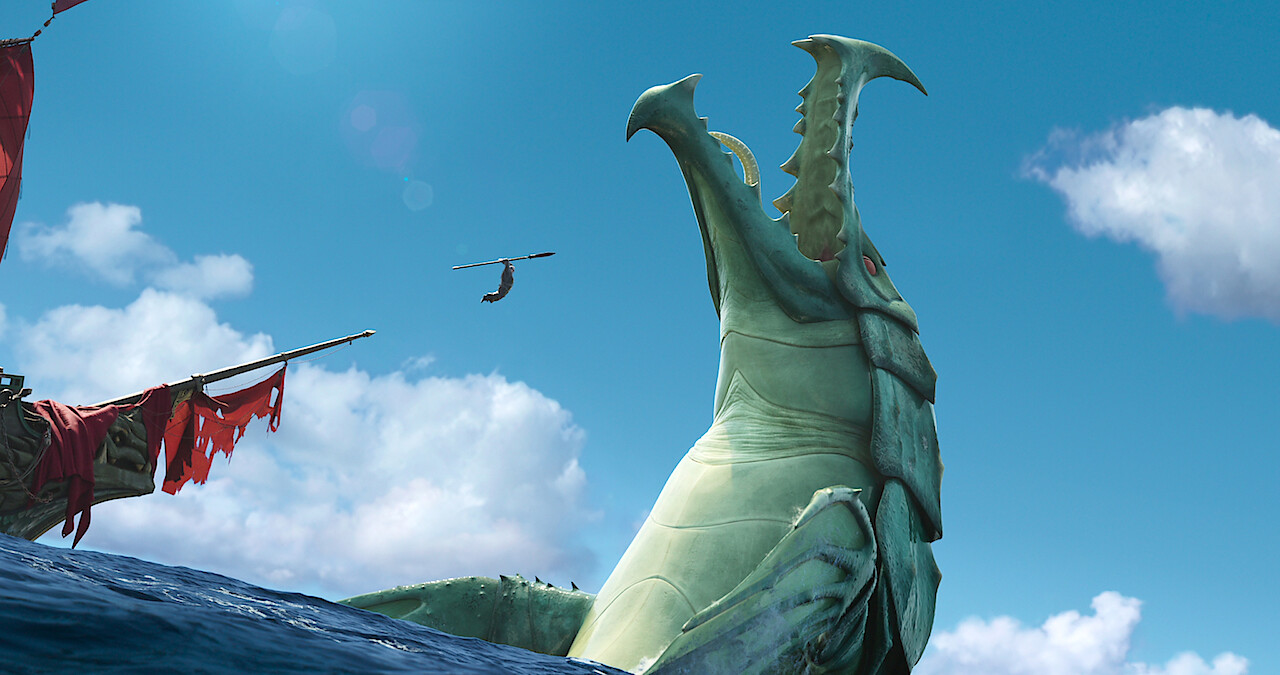 A Sea Beast has appeared above water, in a battle with a ship