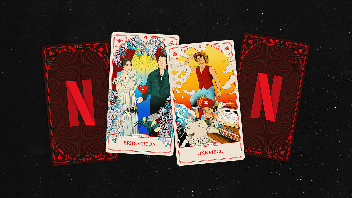Four playing cards on a black background, two show Netflix logo backs, while two face cards depict illustrated scenes from Bridgerton and One Piece with main characters and vibrant themed backgrounds.
