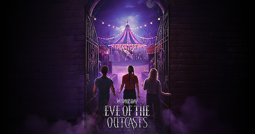Three people enter a dark, mysterious carnival through open gates under purple lights and fog, approaching a big top tent. The mood is eerie and adventurous, with a sense of curiosity and anticipation. Title: "Eve of the Outcasts."