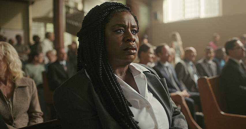 Uzo Aduba as Edie sits in a courtroom in Season 1 of 'Painkiller.'