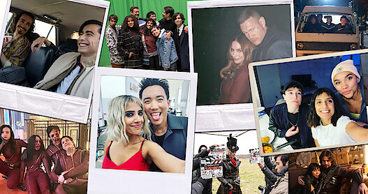 Behind-the-scenes photo collage of the cast of 'The Umbrella Academy' series. 