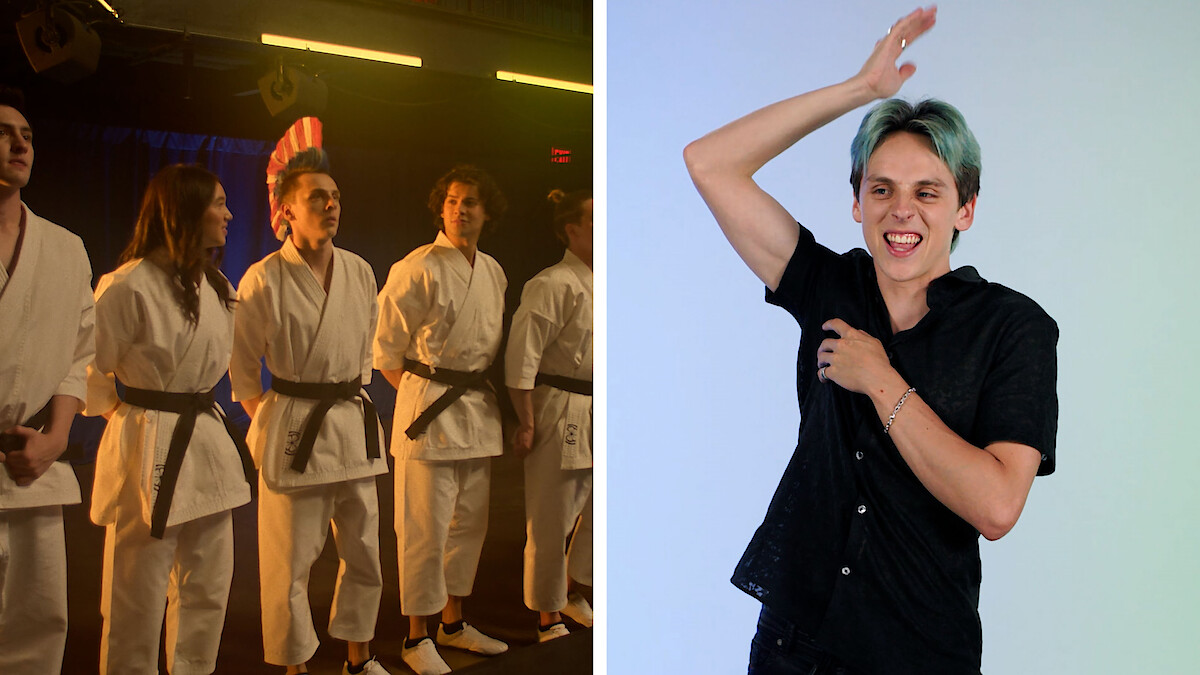 A split screen showing a scene from Cobra Kai and Jacob Bertrand gesturing to where the character's mohawk is.