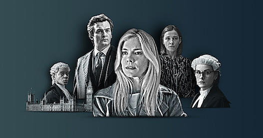 An illustration composite of the characters in Anatomy of a Scandal