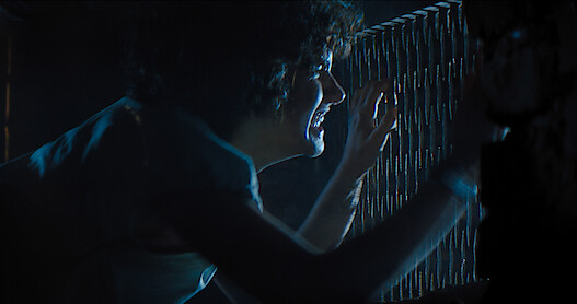 A terrified Melody peeks through a grate to get away