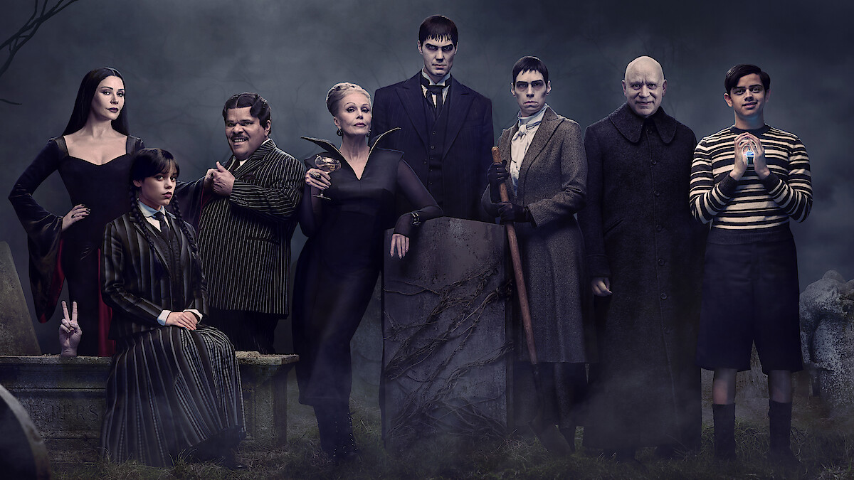 The Addams Family poses for a family portrait in 'Wednesday' Season 2