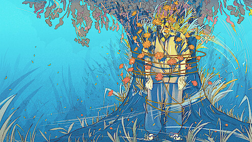 An illustration of José Arcadio Buendía tied to a tree