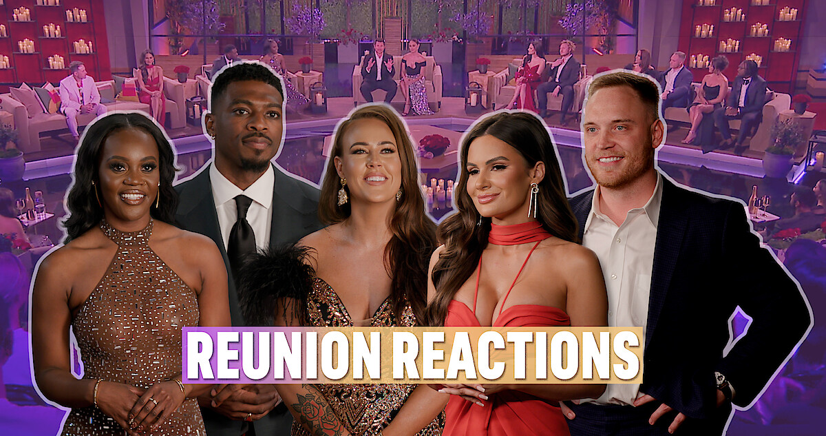 Pod Squad members of Love Is Blind: Season 6 (AD, Clay, Chelsea, Jessica, and Jimmy) stand in front of a backdrop featuring the reunion panel