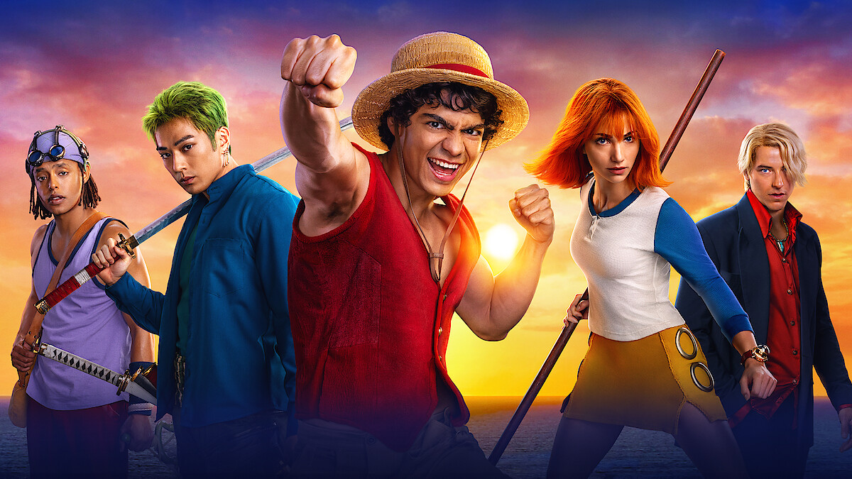 Usopp, Zoro, Luffy, Nami, and Sanji, in colorful costumes pose confidently with weapons, set against a dramatic ocean sunset background, conveying a sense of teamwork and action.