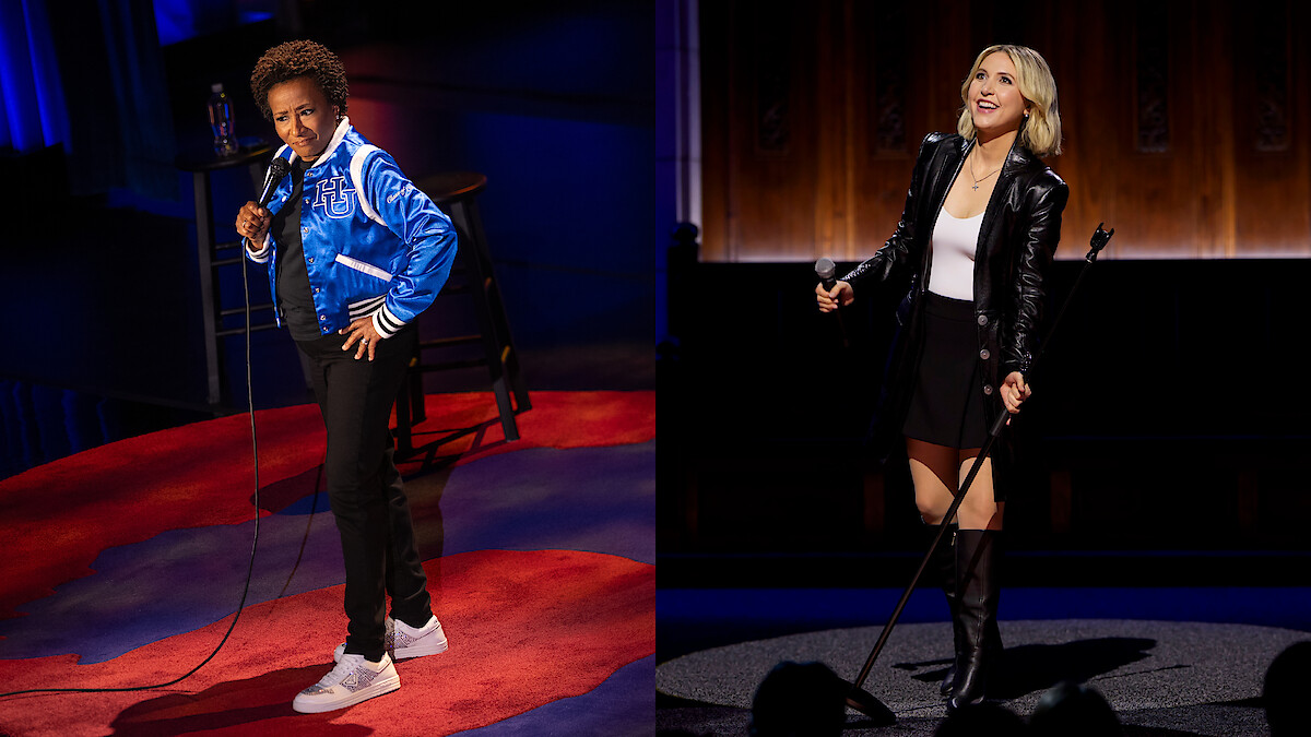 A diptych of Wanda Sykes and Taylor Tomlinson from their stand up specials. 