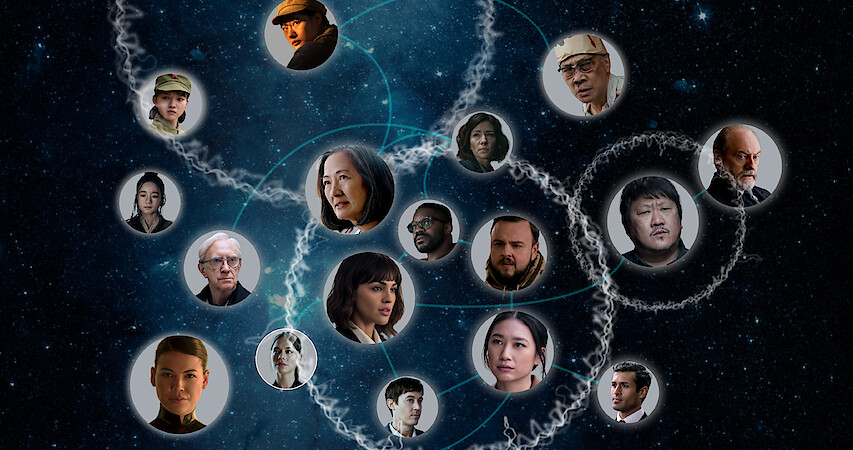 The headshots for the cast of 3 Body Problem superimposed in an illustration above a series of circles and space imagery. 