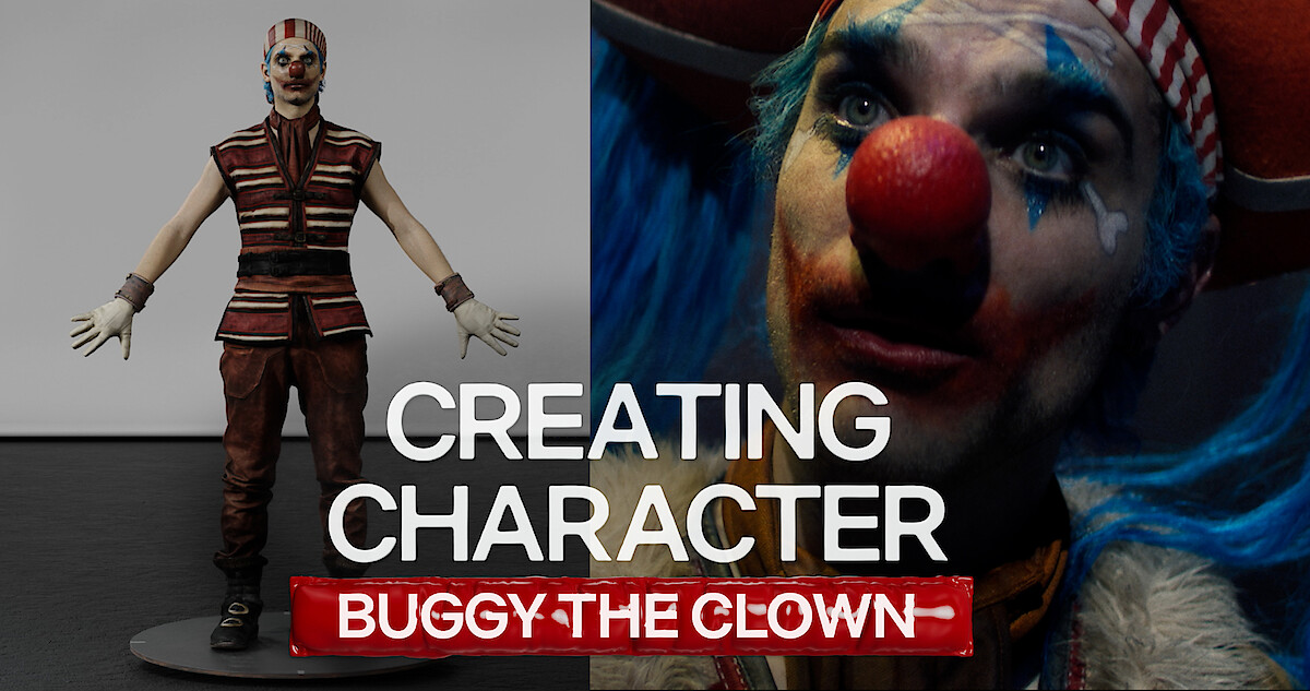 2 images of 'Buggy The Clown' character with "Creating Character: Buggy the Clown" text juxtaposed ontop