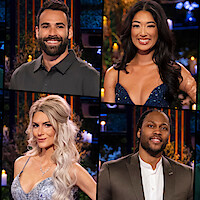 Alex, Emma, Amber, and Vic, dressed formally, pose in a studio setting with dim lighting and decorative backgrounds, featuring candles and floral arrangements, suggesting a glamorous or special event atmosphere.
