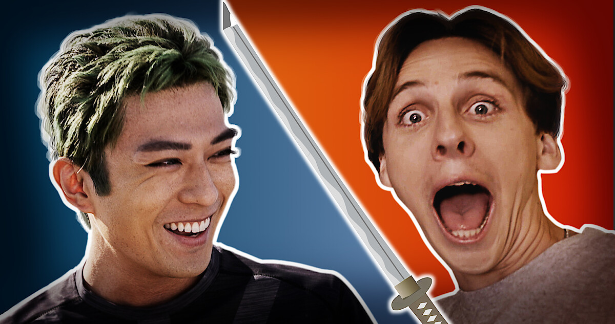 Mackenyu laughs as Jacob Bertrand from 'Cobra Kai' makes an expressive face