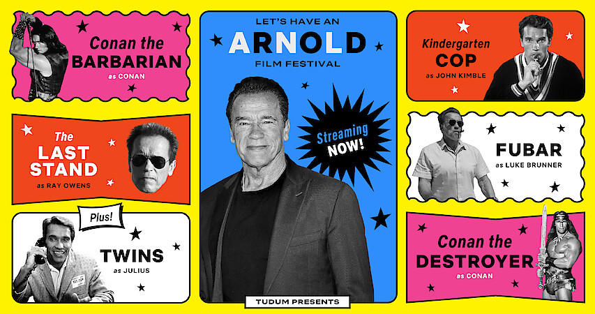 Images of Arnold Schwarzenegger in various film roles throughout his career