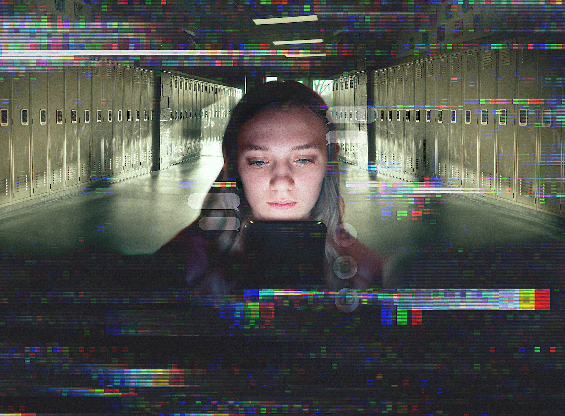 Unknown Number: The High School Catfish key art - a teenager looking at her phone in a school hallway