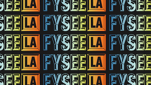 The words FYSEE LA repeating in a rainbow gradient.