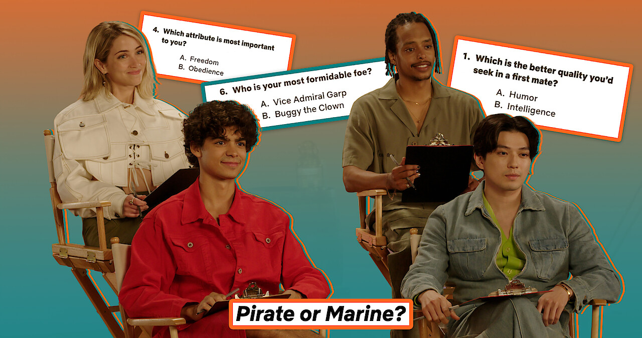 The cast of One Piece - Emily Rudd (Nami), Iñaki Godoy (Monkey D. Luffy), Jacob Romero (Usopp) and Mackenyu (Zoro) - are seated in director's chair while holding clipboards.