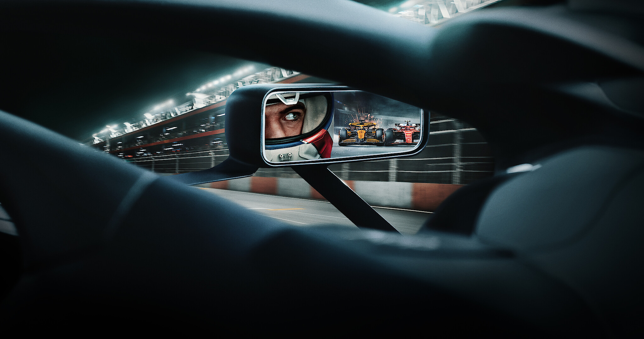Formula 1: Drive to Survive key art - A driver racing down the track while looking at his reflection in the sideview mirror. 