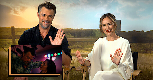 Josh Duhamel and Minka Kelly are seated in front of a pastoral backdrop. In the lower left, there's an image of Staten Kirkland and Quinn O'Grady at the bar within a picture-in-picture.