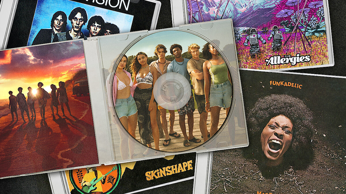 Outer Banks cast featured on a CD case sitting on top of a pile of other CDs, featuring The xx, Ella Fitzgerald and Luis Armstrong and alt-J.