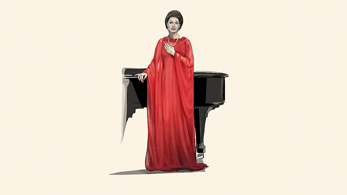 A sketch of Angelina Jolie as Maria Callas. She wears a red dress and stands by a black piano looking downright regal.