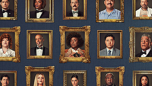 Framed images of The Residence season 1 cast