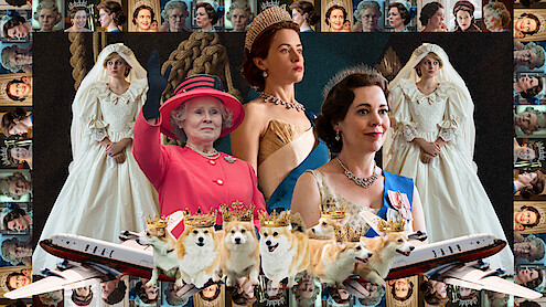 Collage of photos from 'The Crown' seasons 1–6